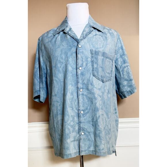 Versace Jacquard Chambray Denim Shirt Blue 46 US (56 Euro) 1007836 Italy NWT